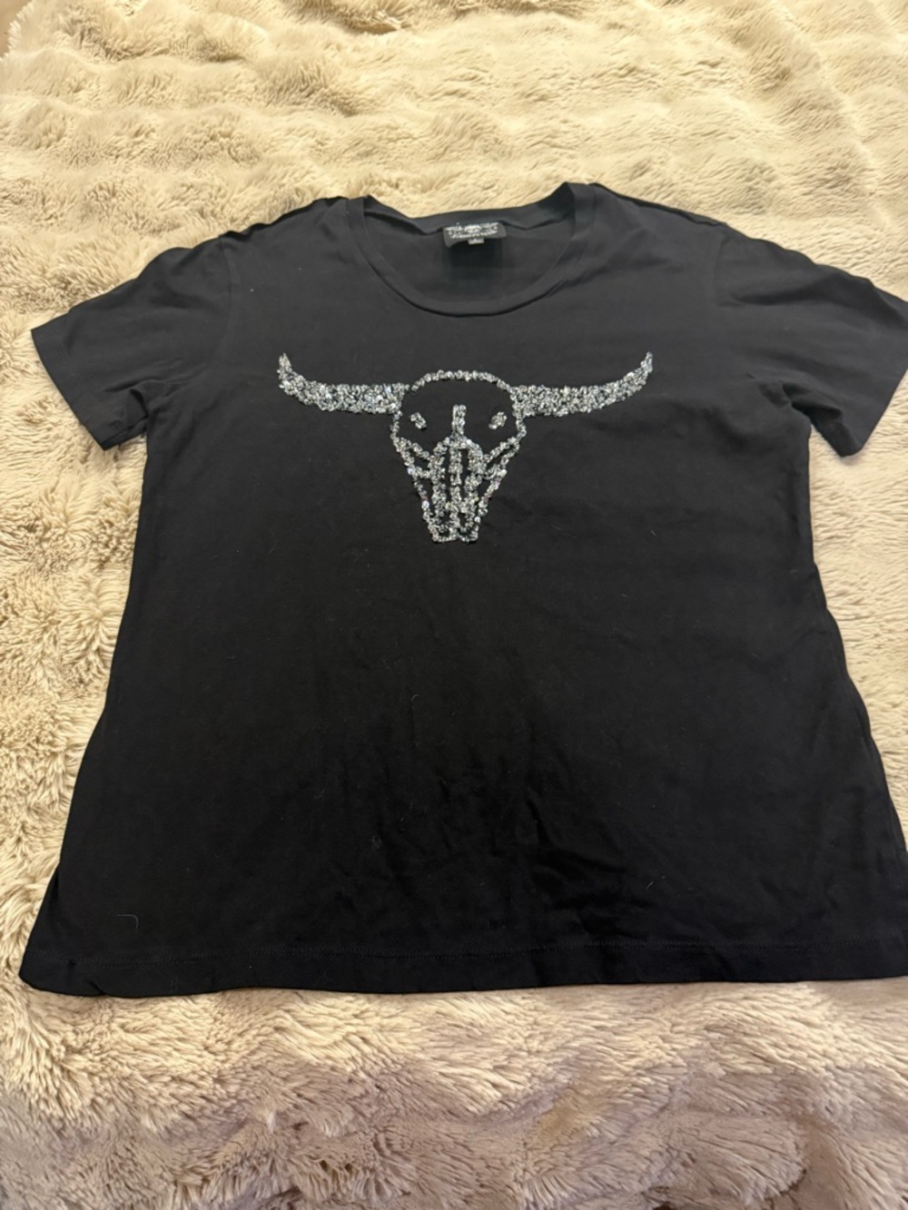 Black Short Sleeve Tee with Embellished Bull Skull -